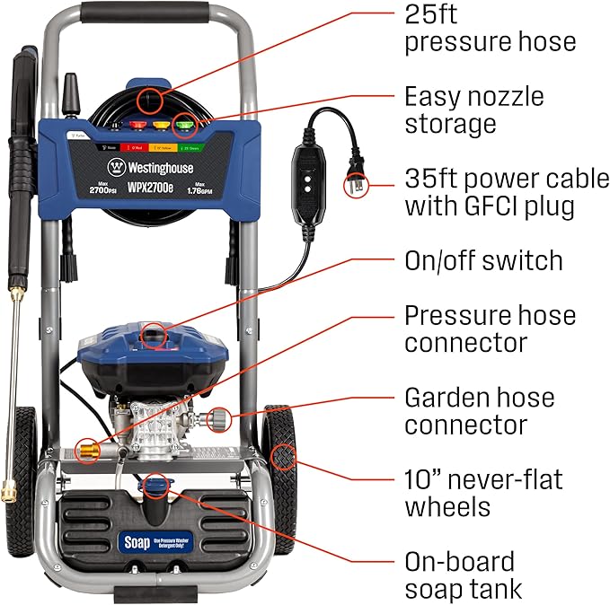 Westinghouse WPX2700e Electric Pressure Washer, 2700 Max PSI and 1.76 Max GPM, Induction Motor, Onboard Soap Tank, Spray Gun and Wand, 5 Nozzle Set, for Cars/Fences/Driveways/Homes/Patios/Furniture