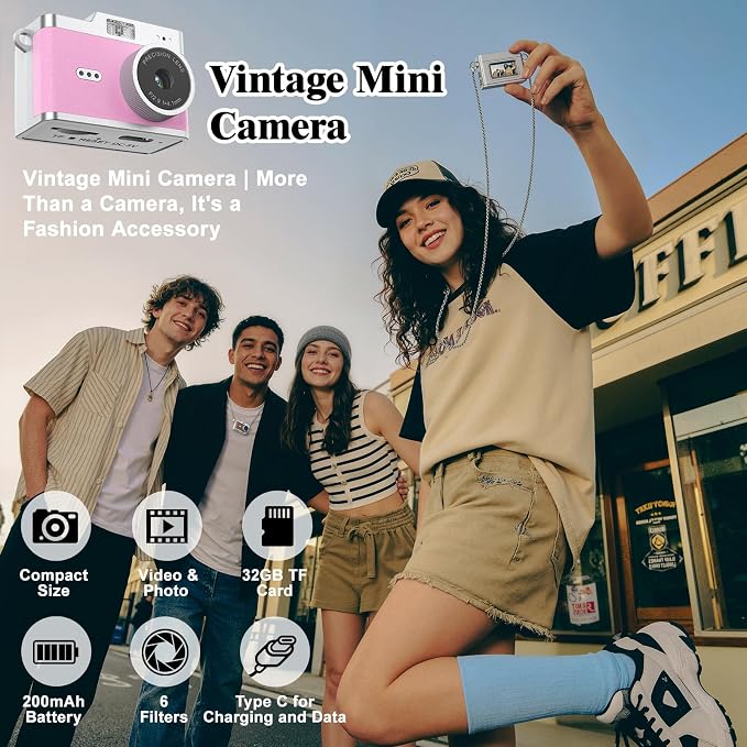 Mini Keychain Digital Camera 1080P, Ultra-Portable Small Retro Camera 32GB Card