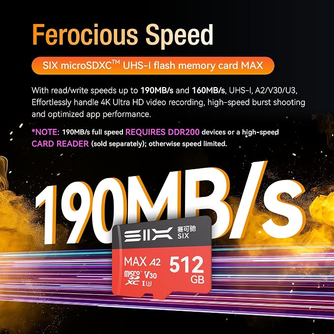 SIX M200 256GB Micro SD Card Read Up to 190MB/s