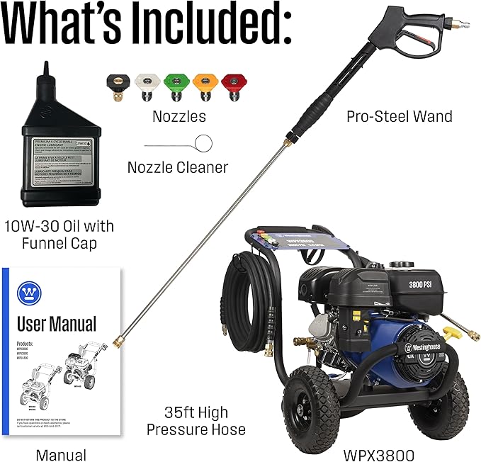 Westinghouse WPX3800 Gas Pressure Washer, 3800 PSI and 3.6 GPM, Onboard Soap Tank, Spray Gun and Wand, 5 Nozzle Set, for Cars/Fences/Driveways/Homes/Patios/Furniture, Black