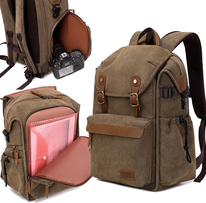 Vintage Canvas Camera Backpack for DSLR/Mirrorless & Drone, Waterproof