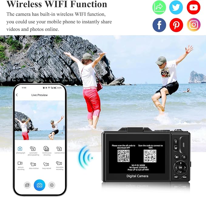 4K Digital Camera for Photography, 64MP Vlogging Camera for YouTube, WiFi Vlog