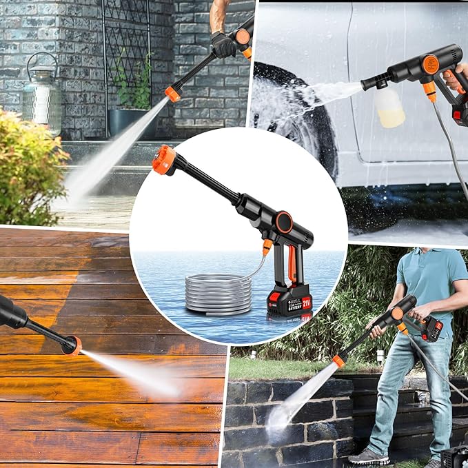 Portable Pressure Washer, Cordless Power Washer Battery Powered, Handheld Car Washer with 6-in-1 Nozzle,17FT Drain Hose, Power Cleaner for Patio Floor Fence Deck Indoor