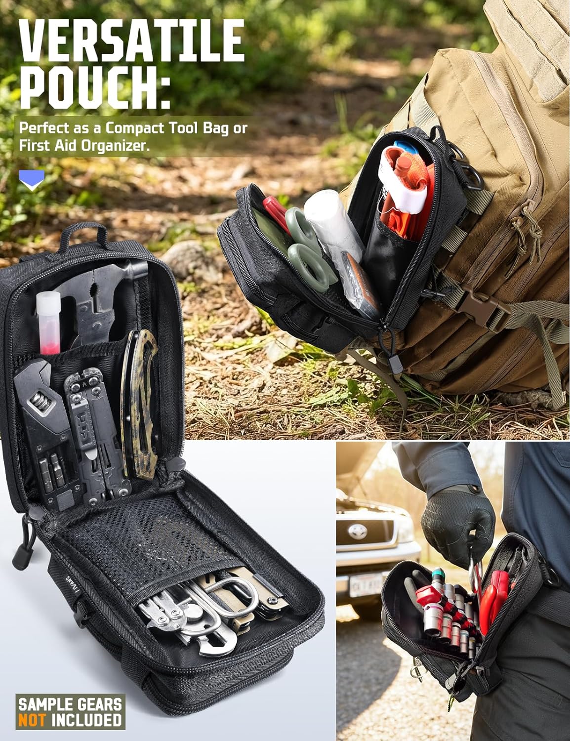 Skiennix Tactical EDC Pouch - 2 Pack Utility Phone Holder for Duty Belt, Backpack, Vest | Includes 2 US Flag Patches