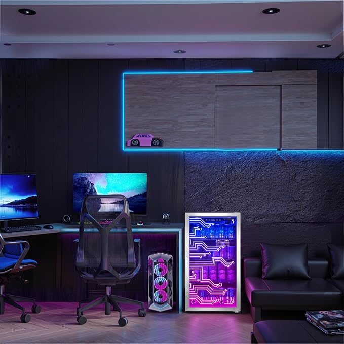 Cyberpunk Beverage Cooler, 130 Can Mini Fridge, LED Light Door, Gaming Room | Colorful LED Ambient Lighting, Freestanding for Bar & Party, Adjustable Shelves for Cans & Bottles