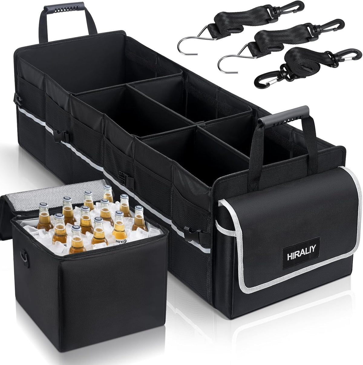 HIRALIY 4 in 1 Car Trunk Storage Organizer with Leakproof Cooler Bag, Made of 1680D Oxford and PP board, Multi-Compartment Foldable Trunk Storage Box for Car Truck SUV