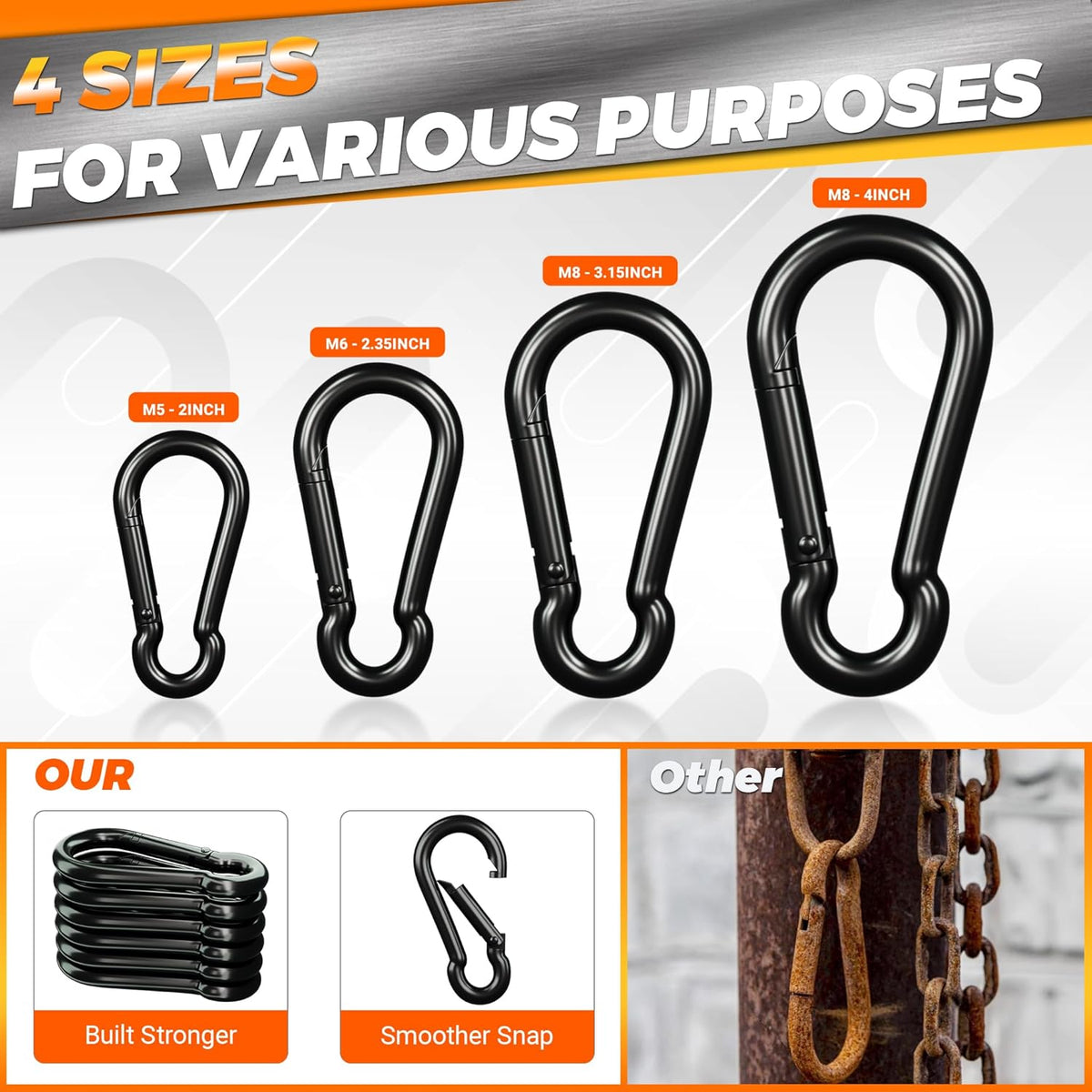 Sprookber Carabiner Clips - Heavy Duty Spring Snap Hooks for Keys & Outdoor Gear | Set of 6 (Black)