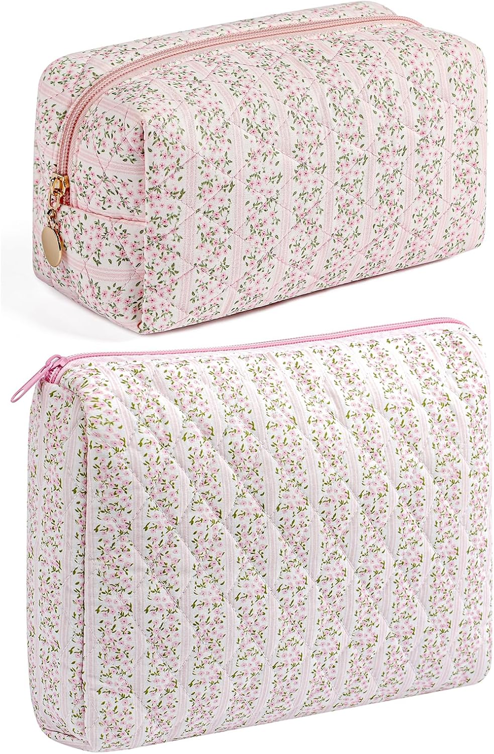 Makeup Bag Travel Cosmetic Bag for Women Girls, Zipper Make Up Pouch, Floral Flowers Toiletry Organizer Makeup, Portable Storage Cosmetic Travel Cloth Bag (2 Pack (L+S)/Pink Floral)