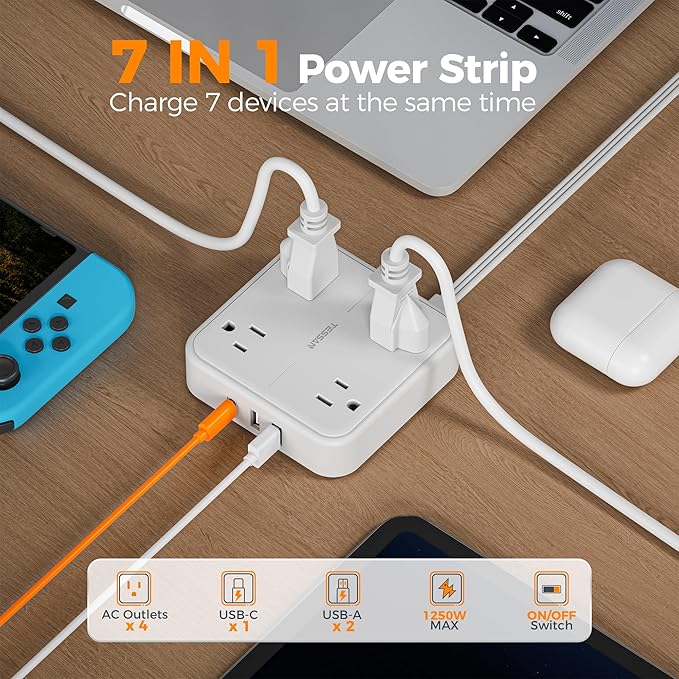 TESSAN Surge Protector Flat Extension Cord 5Ft, Flat Plug Power Strip with 4 Outlets 3 USB Ports (1 USB C), 900 Joules Protection, Multiple Wall Outlet Extender Suitable for Home Office Dorm, White