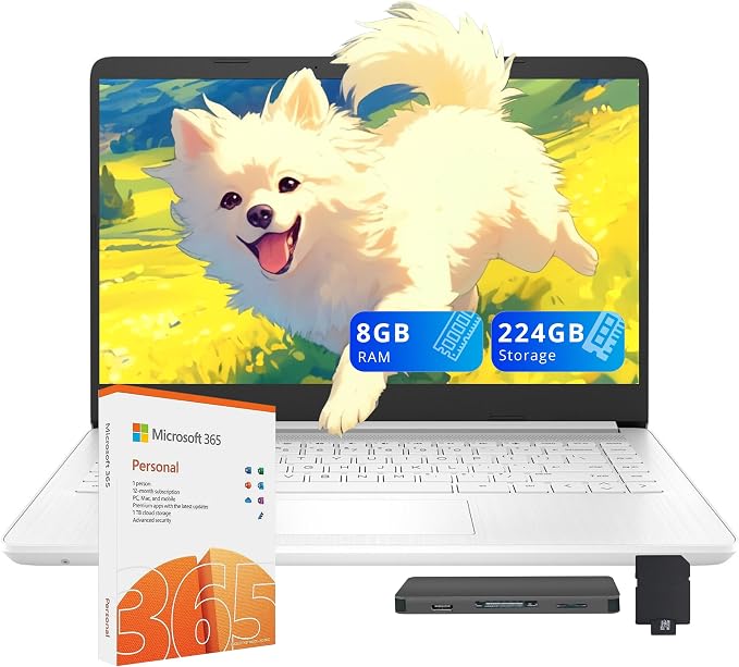 HP Stream 14″ HD Laptop for Students & Business, Intel Celeron Processor, 8GB RAM, 224GB Storage (64GB eMMC + 160GB Docking Station Set), UHD Graphics, 1 Year Office 365, 720p Webcam, Win 11, White