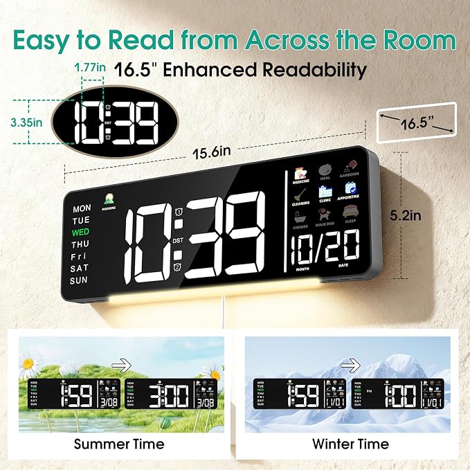 Hoifen Clock with Day and Date for Seniors, Remote Control, Night Light