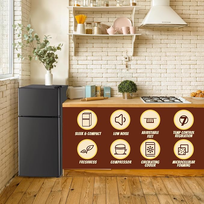 2.4 Cu.ft Mini Fridge with Freezer Dual Door Small Fridge Dark Gray | Bottom Drink Holder 2 Plastic Shelves 7 Temp Control