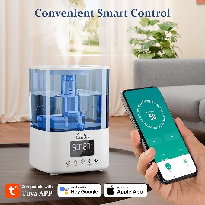 Smart Humidifiers for Bedroom, Top Fill 4L Cool Mist Air Humidifier for Large Room, Essential Oil Diffuser App Control, Fast Symptom Relief, Nightlight, 12H Quiet Runtime for Baby, Plant