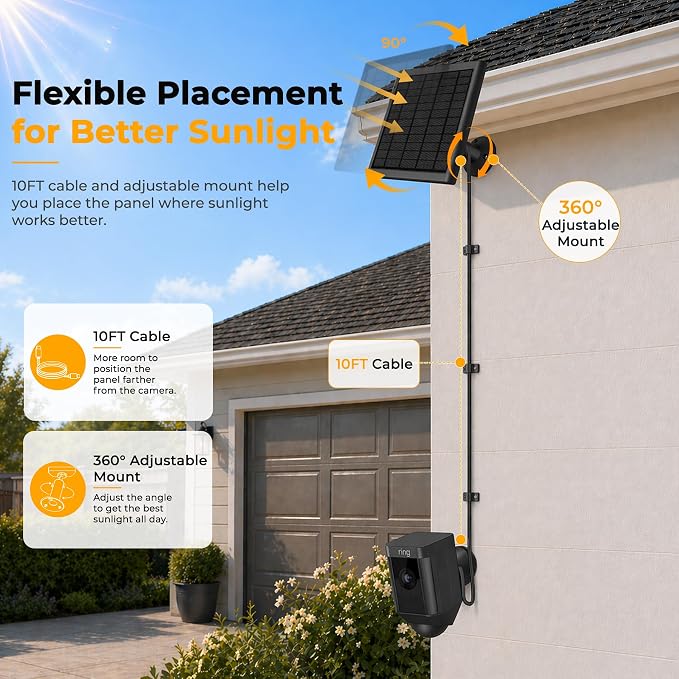 8W Solar Panel for Ring Camera, Spotlight Cam Battery, Includes Barrel Plug to