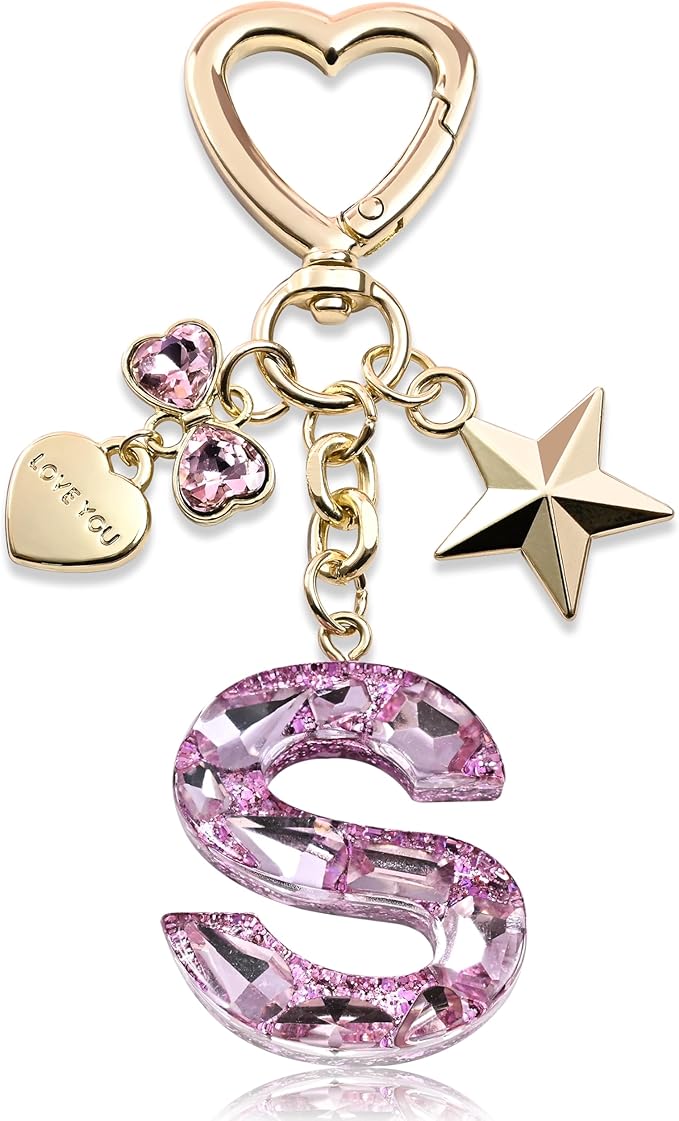 Cute Bling Keychain initial Letter Butterfly Star Pink Purple Gift for Women Girls Bag Cup Charms Accessories