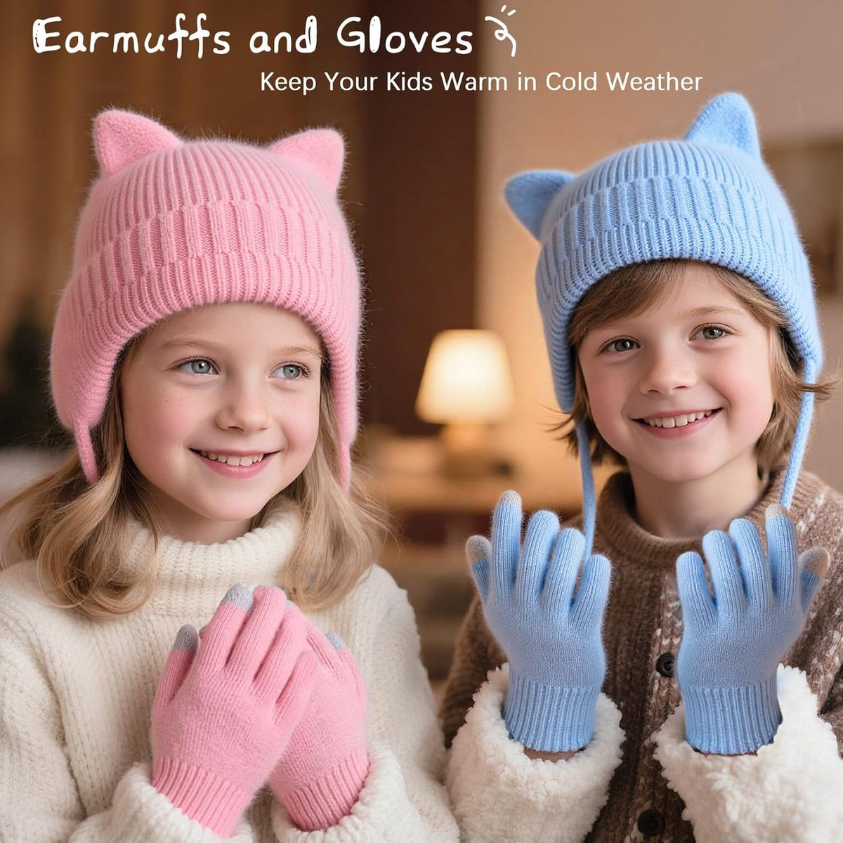 ZOORON Kids Winter Hat and Glove Set - Cat Beanie with Warm Ear Flaps | Knit Skull Cap for Ages 5-15