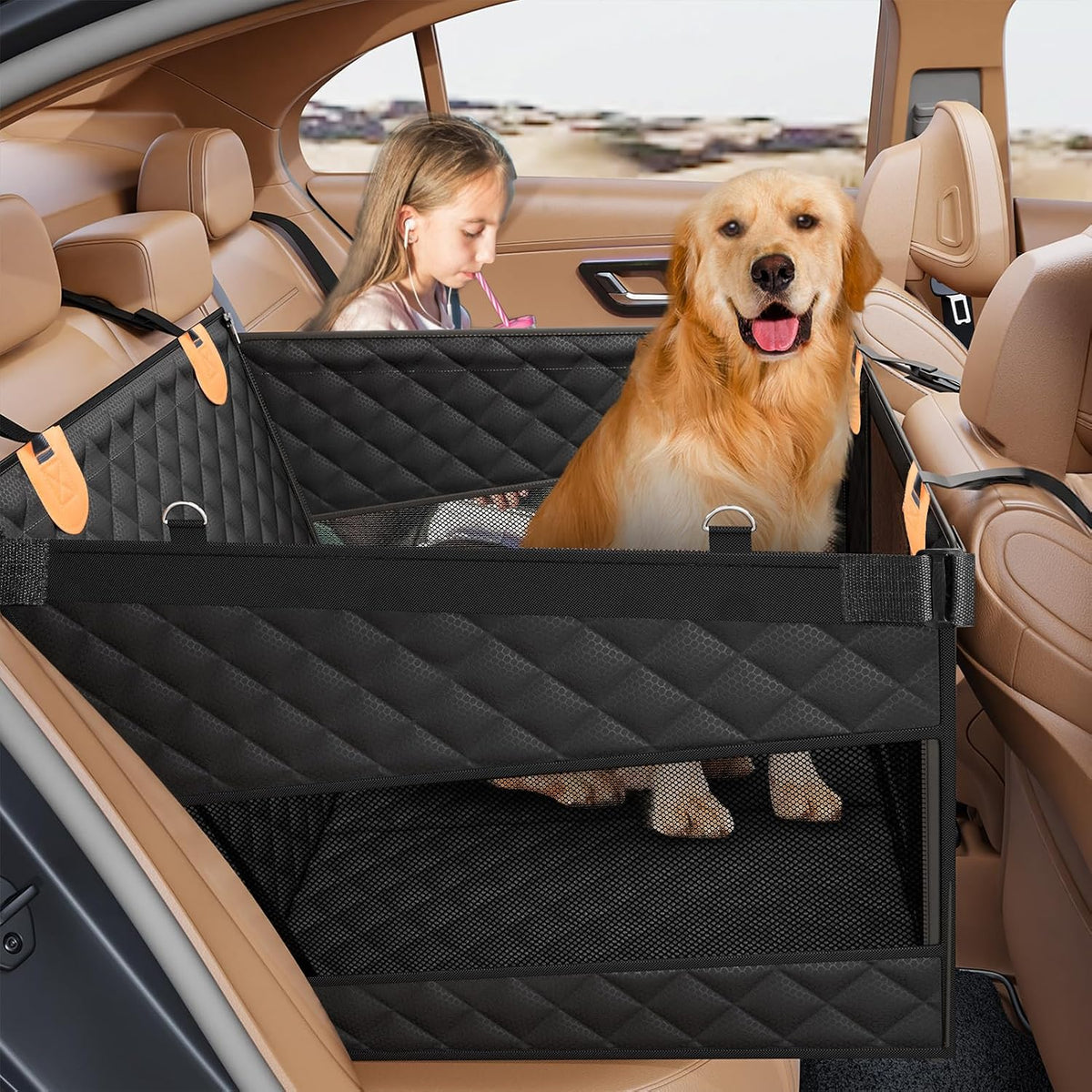 PETICON Large Dog Car Seat, Back Seat Extender for Dogs with 3 Mesh Windows, Waterproof Medium Carseat for Dogs with Hard Bottom, Pet Seat Cover for Cars, Trucks and SUVs