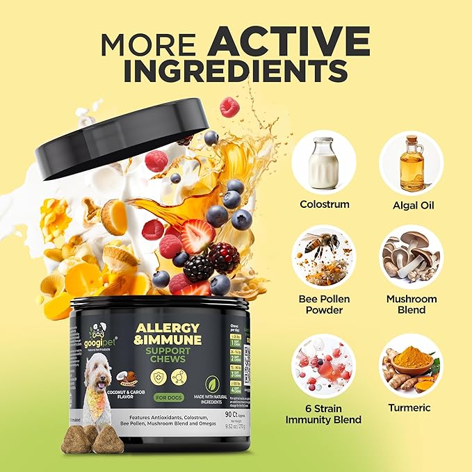 Googipet Dog Allergy Chews, Seasonal Dog Allergy Relief & Itchy Skin Relief, Skin & Coat Supplement +Bee Pollen, Colostrum, Coconut Oil, Probiotics, & Omega 3 Fish Oil for Dogs