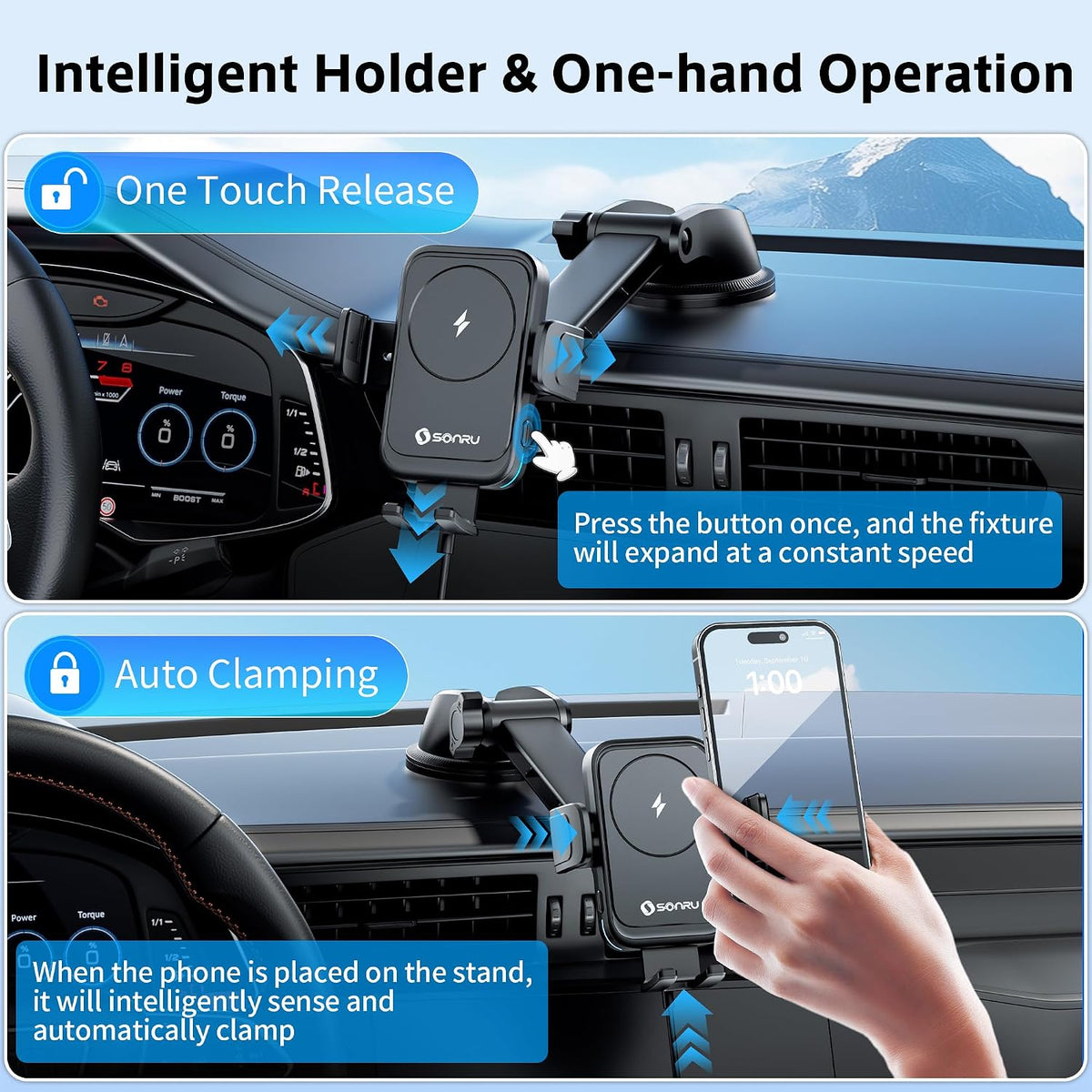 SONRU Car Phone Holder Wireless Charger, Qi 15W Wireless Car Charger Fast Charging Auto Clamping Car Charger Mount Suction Holder Dashboard Air Vent for iPhone 16/15/14/13/12/11, Samsung S25/24