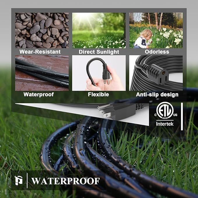 PLUGTUL Extension Cord 20 FT, 16/3 Outdoor Extension Cord Waterproof, Heavy Duty 3 Prong Extension Cord Black, 13A 1625W SJTW, ETL Listed, Great for Garden and Home