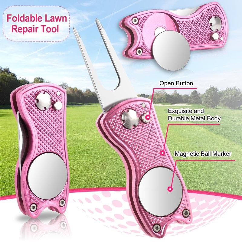 Qishiyi 12Pcs Golf Accessories Kit Include Golf Ball Bag Golf Tees Golf Towel Golf Club Cleaner Brush Groove Cleaner Tool Divot Tool Magnetic Ball Marker,Best Golf Gift for Women Man (Pink)