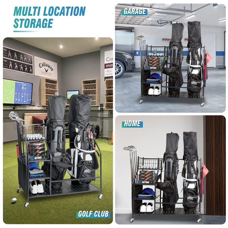 STUFFSTASH Golf Bag Organizer; Bags, Shoe and Accessories Storage for Garage; Mens Cart Stand Caddy Organizers; Fits 2 Golf Bags; Sports Equipment Rack for Shed; Club Basket Locker; Ball Holder