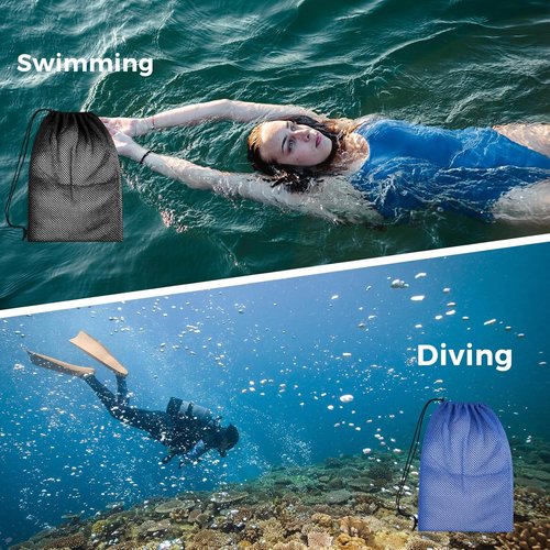 4Pcs Mesh Gear Bag - Large 19" x 27" Snorkel & Swim Backpack | Durable Polyester for Beach & Sports (Black & Blue)