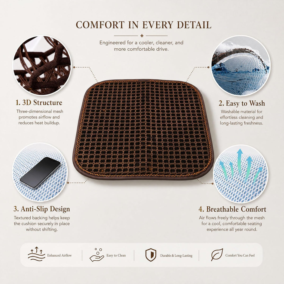 Cool and Breathable 3D air MESH car seat Cushion for Summer, Universal Ventilated Comfortable seat pad, Suitable for sedans, Vans, Pickup Trucks, and SUVs (Brown seat cushion-1PCS)