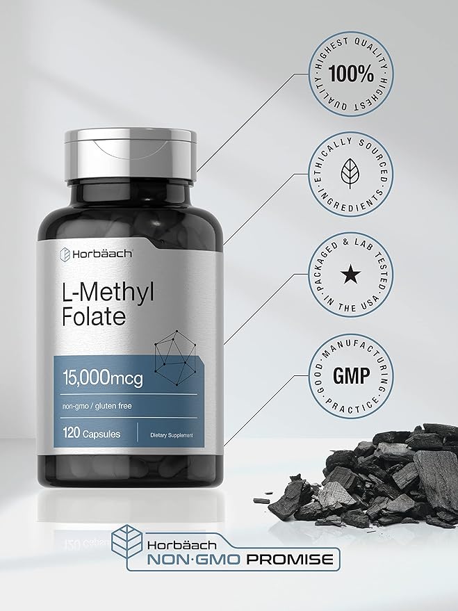 Horbäach L Methylfolate 15000 mcg | 120 Capsules | 15mg Methyl Folate | 5-MTHF | Non-GMO, Gluten Free Supplement