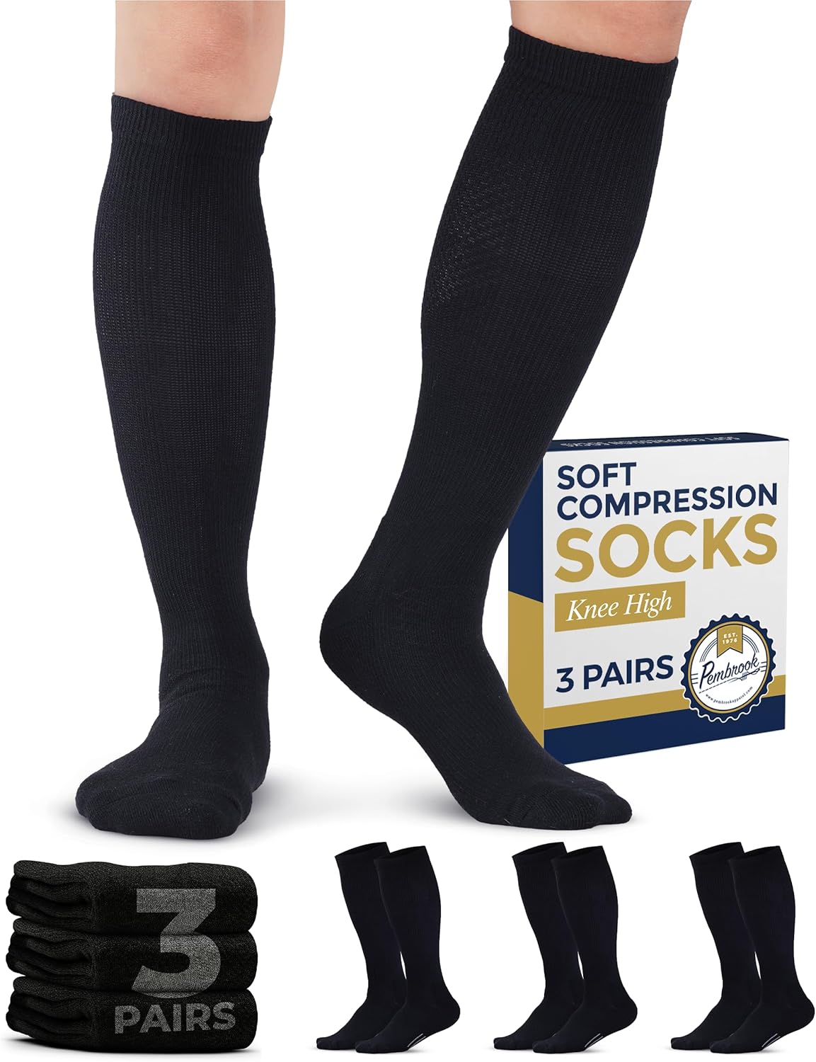 Pembrook Compression Socks - Light Support for Men & Women | 3 Pairs | 8-15 mmHg Dress Socks