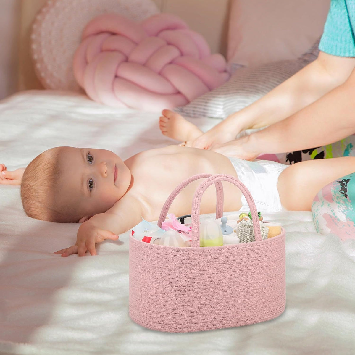 COMSE Baby Diaper Caddy Organizer, Car Caddy, Diaper Change Organizer, Gift Baskets Empty, Portable Tote Bag with Divider, Baby Shower Gifts Newborn Essentials Registry Must Have, Dusty Pink