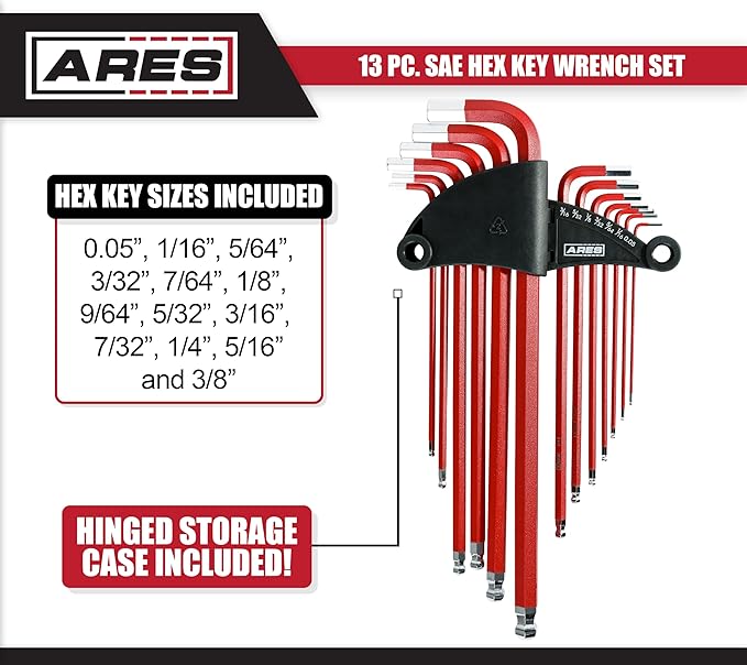 ARES 70164-13-Piece SAE Long Arm Ball End Hex Key Wrench Set - Chrome Finish with Red High Visibility Anti-Slip Coating - Convenient Storage Case Included