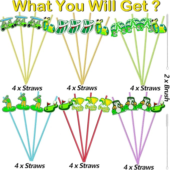 24pcs Golf Themed Straight Reusable Straws for Golf Party Favor Gift Bags,Daily Drinking Straws,Birthday Party,Class Reunions,Sports Golf Party Supplies,With 2 Cleaning Brushes.(6color)