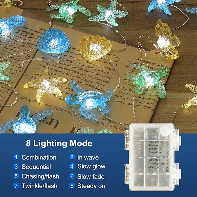 Ocean Themed Decorative Lights String of Marine Life Fairy String Lights Coastal Decor 10ft 30 LEDs Battery Operated with Remote Control for Beach Bedroom Decoration