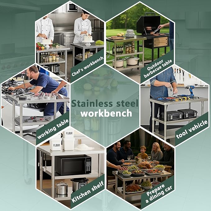 Stainless Steel Table with Wheels for Food Preparation and Work, Multi-Size Optional, Three-Layer Variable Two-Layer Metal Commercial Workbench Outdoor, Restaurant, Kitchen (60" Lx24 Wx34 H)