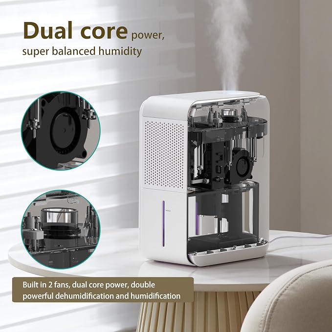 3 in 1 Dehumidifier, Humidifier & Aroma Diffuser with Air Combo One - 39Oz, Small Auto Purifier Humidity Control Quiet 27db Multifuctional Colorful Mist,for Bedroom/Bathroom/Bome/Basement(350 sq.ft)