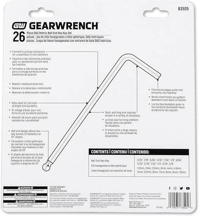 GEARWRENCH 26 Piece SAE/Metric Ball End Long Arm Hex Key Set - 83505
