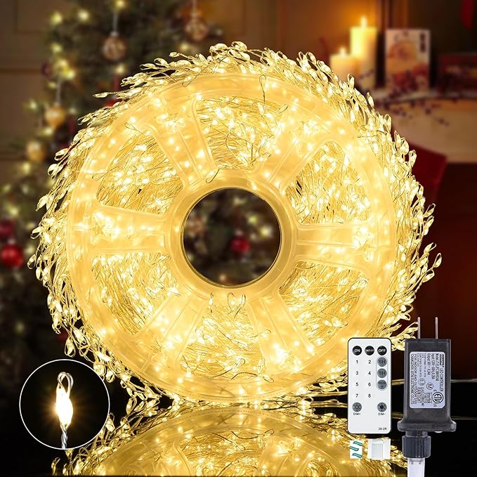 Fairy Lights Plug in, Dailyart 2000 Led Twinkle String Light with Remote 130Ft Waterproof 8 Modes Warm Cluster Lights with Timer for Bedroom Wreath Window Wedding Christmas Tree Decoration,Sliver Wire
