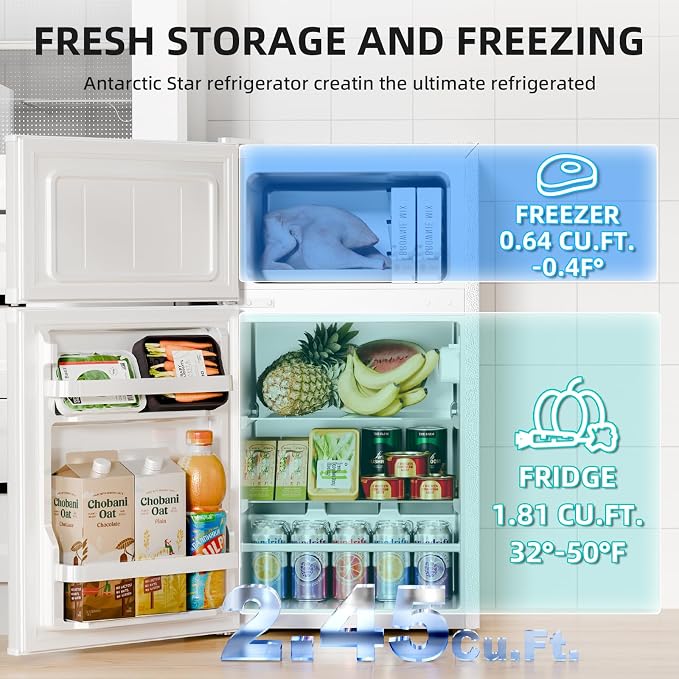 Antarctic Star Compact Mini Fridge with Freezer,Double Door with Adjustable Thermostat,Small Fridge Removable Shelves for Dorm/Office,2.5 Cu.Ft,WHITE