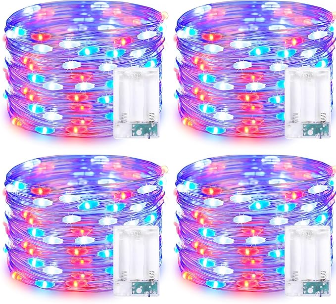 JMEXSUSS 4 Pack 50LED 4th of July Decorations Red White and Blue Lights, 16ft 4th of July Fairy Lights Battery Operated, Patriotic Fairy Lights Indoor for Independence Day Memorial Day Decor