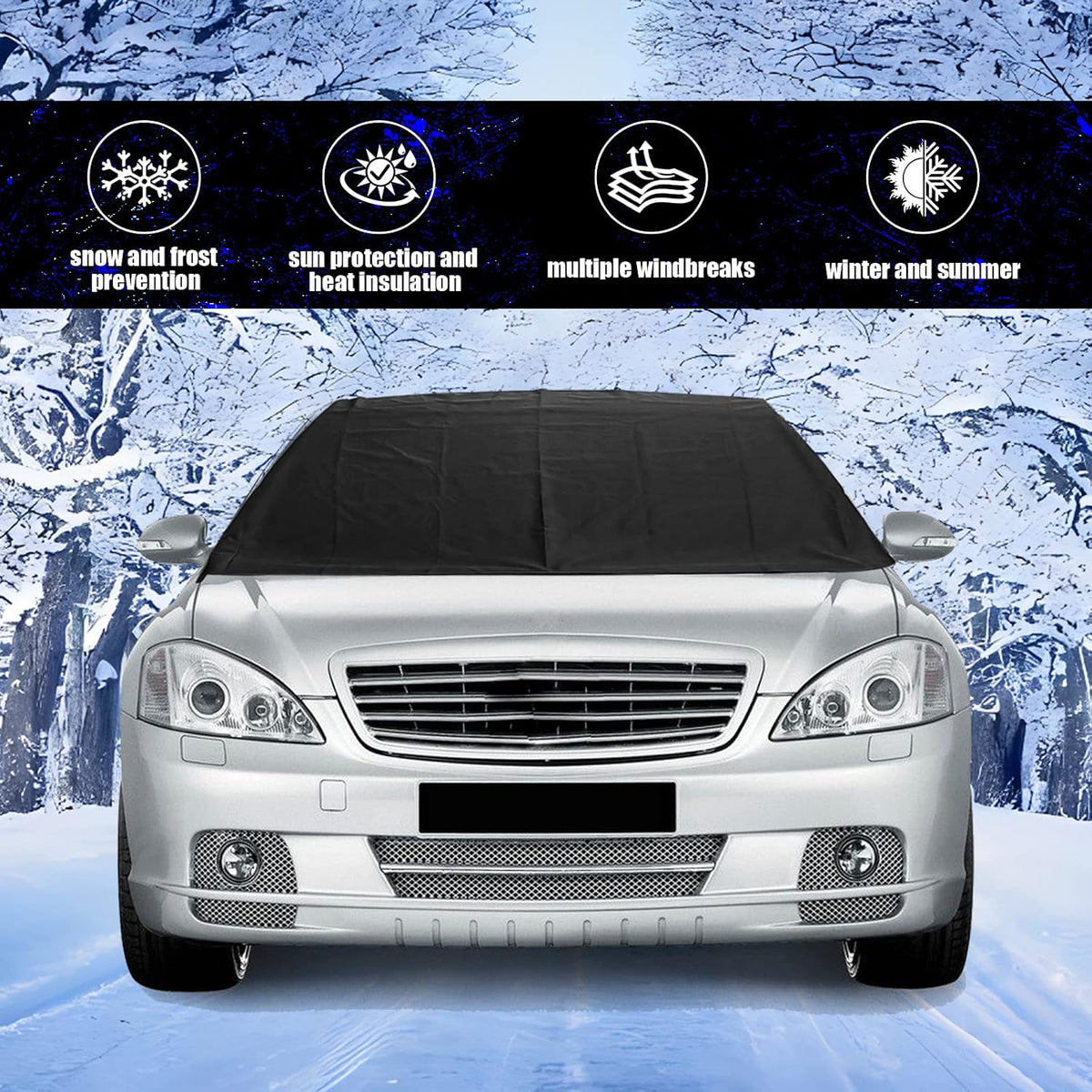 Car Windshield Snow Cover, Upgraded 600D Oxford Fabric Windshield Frost Cover, 75×47 Inch Wind and Snow Protection Kit, Four Seasons Car Windshield Sunshade and Snow Cover, Universal Truck, SUV, Car