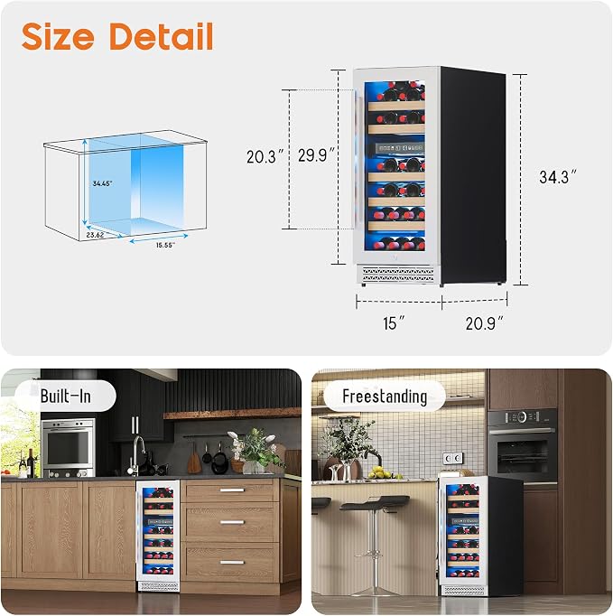 Albott 15 Inch Wine Fridge, Dual Zone 31 Bottle Wine Cooler | with Digital Temperature Control, Reversible Double-Layer Glass Door, Built-in or Freestanding Design for Home and Bar