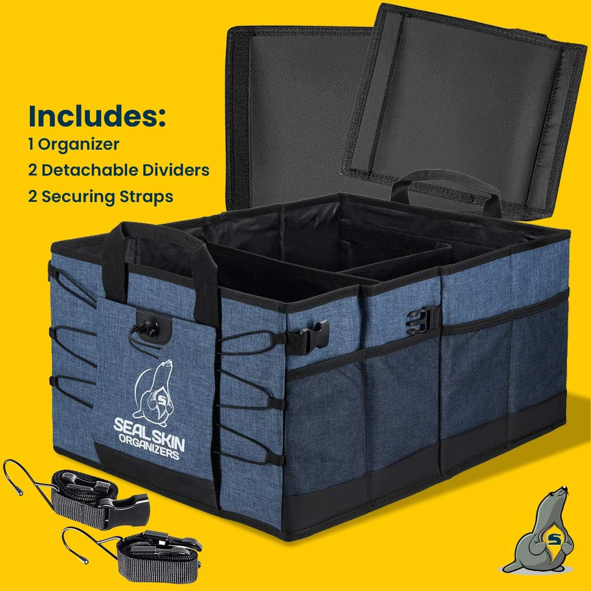 Seal Skin Covers Trunk Organizer for SUV, Car & Truck - Premium Heavy Duty & Collapsible with 3 Adjustable Size - Lightweight & Portable Storage Organizer - Easy to Use & Install in Any Vehicle - Blue