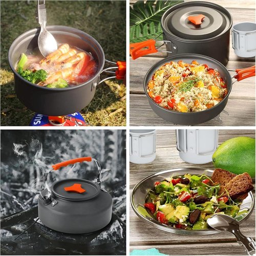 Camping Cooking Set Camp Cookware, Kitchen Pots and Pans Set - Backpacking Equipment Hiking Cooking Set - Portable 300ml + 150ml Water Cup with Handle - Carabiner - Dishcloth - 2 Folding Cutlery
