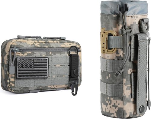 FRTKK Tactical Molle Admin Pouch - USA Flag Patch & Keychain | Tactical Water Bottle Pouch with D-Ring Clip