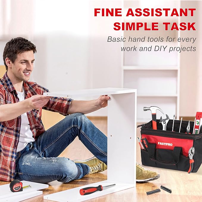 FASTPRO 220-Piece Home Tool Set, Household Repairing Tool Kit with 12-Inch Wide Mouth Open Storage Tool Bag, Red