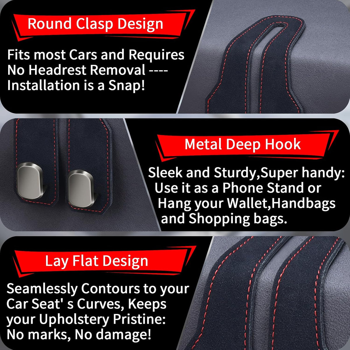 Car Purse Hook, Car Seat Headrest Hooks, Black Leather 4 Pack