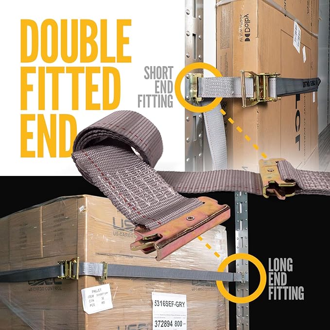 US Cargo Control Double-Fitted E Track Straps 2" x 16' (20-Pack), 4,400 LBS Break Strength, Gray Heavy Duty E Track Ratchet Straps with 3 Spring E-Fittings, Versatile 2-in-1 Logistic Tiedowns