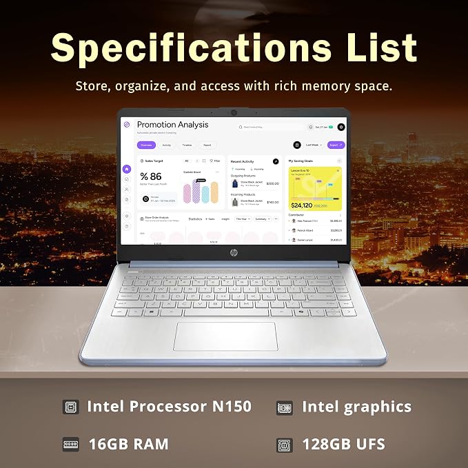 HP Stream 14" HD Laptop, Intel Processor N150, 16GB RAM, 128GB UFS, Intel Graphics, Copilot, Fast Charge, Wi-Fi 6, Win 11 S, Sky Blue (Renewed)