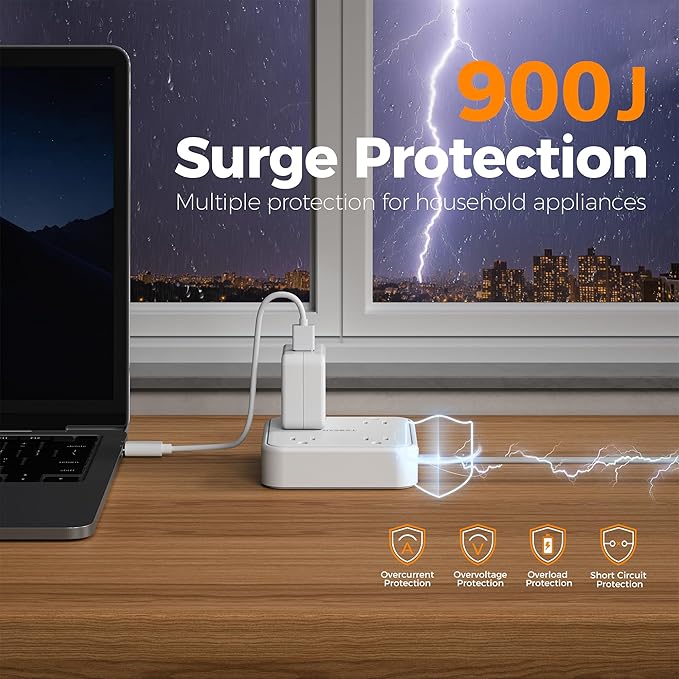 TESSAN Surge Protector Flat Extension Cord 5Ft, Flat Plug Power Strip with 4 Outlets 3 USB Ports (1 USB C), 900 Joules Protection, Multiple Wall Outlet Extender Suitable for Home Office Dorm, White
